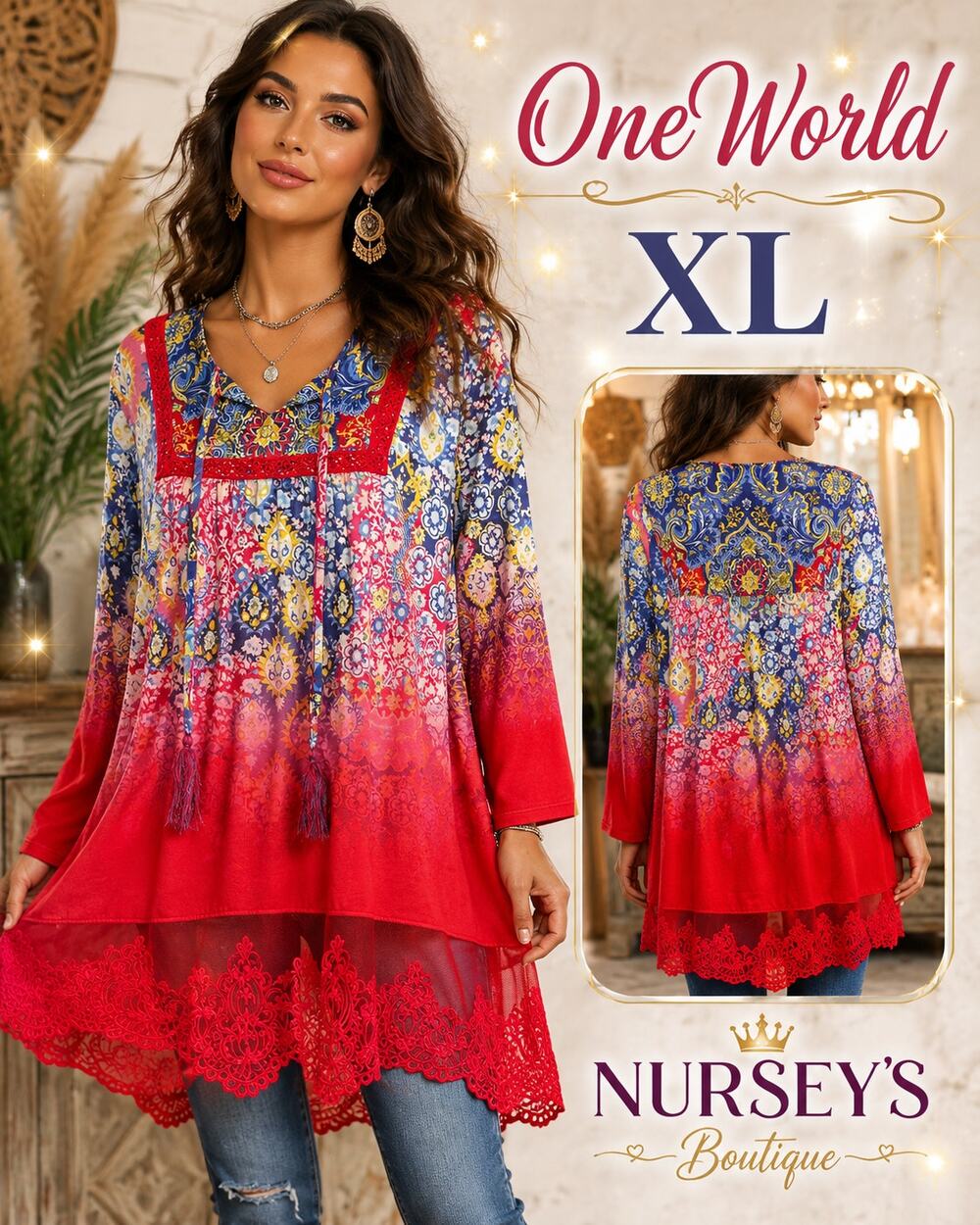 OneWorld XL Boho Paisley Ombre Tunic Lace Hem Tassel Tie Top